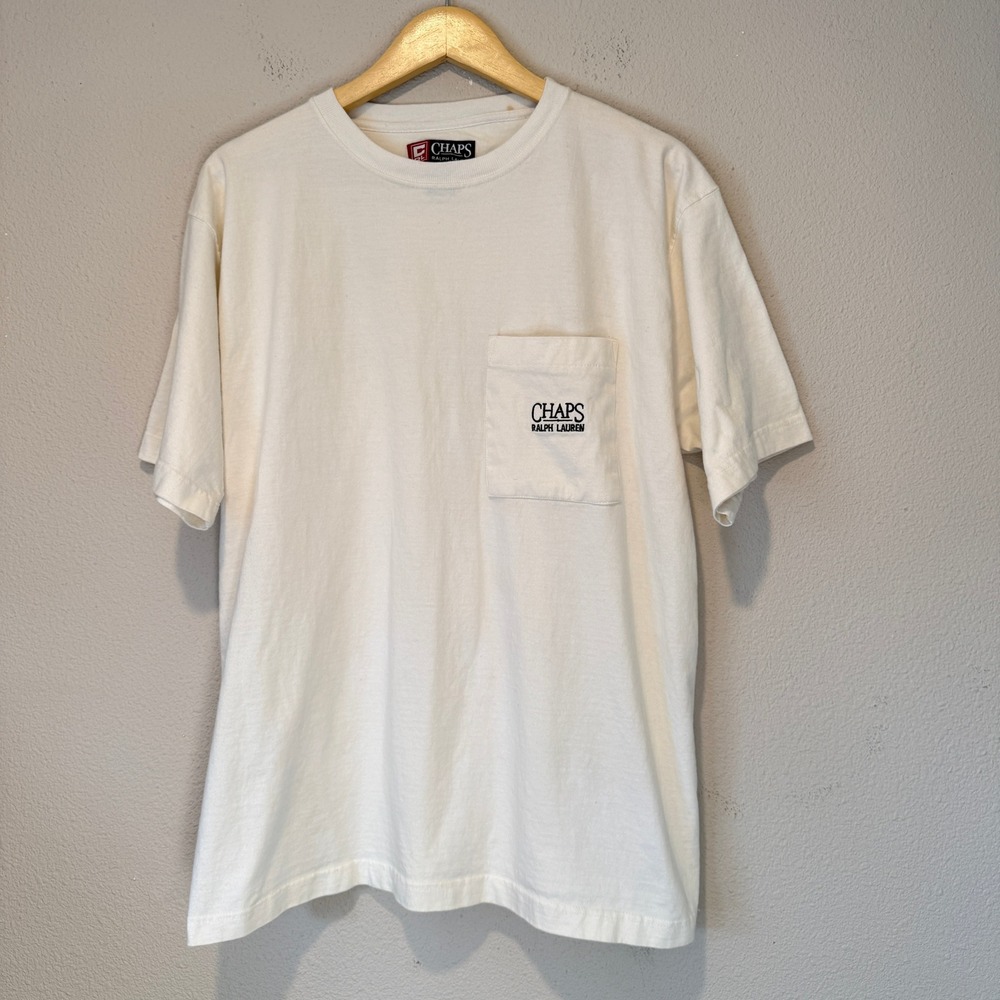 Chaps Ralph Lauren Mens Large Cream Pocket T-Shirt Short Sleeve Embroidered Logo